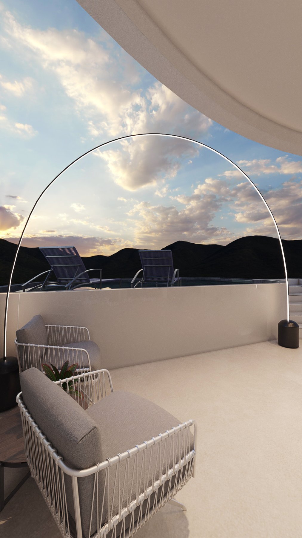 Render da varanda master mobiliada junto à piscina e à paisagem